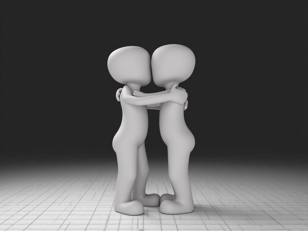 The image shows two stylized human figures embracing each other in a grayscale environment. The figures stand on a tesselated, grid pattern floor with a plain, dark background. The figures are featureless and smooth, appearing to hug in a gentle and tender manner. The scene captures a moment of connection and intimacy between the figures. The use of grayscale gives a neutral and calming atmosphere to the image.