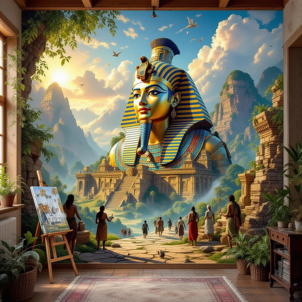 A mural showcases the history of a lost civilization. This artwork is vibrant and alive. Features hyper-realistic and cinematic scenes. The image resolution is 8K.