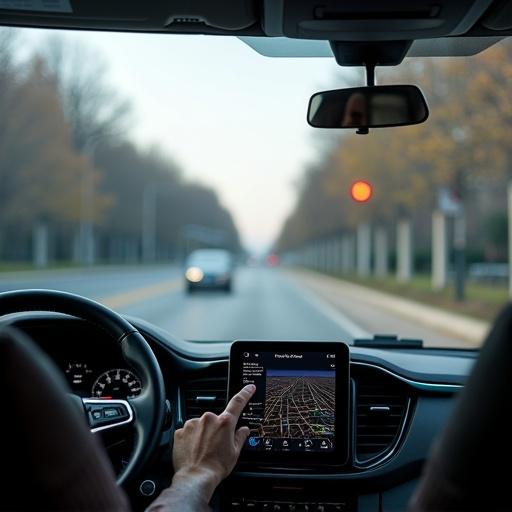 Image showing interior of a truck in the city. Navigation app displayed on a pad in cockpit. Driver's hand is close to the pad but not touching it. Route on navigation appears optimized.