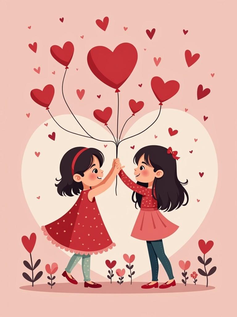 Two children celebrate Valentine's Day. Girls wear bright red dresses. They hold heart-shaped balloons. Background filled with heart shapes. Colorful and playful illustration.