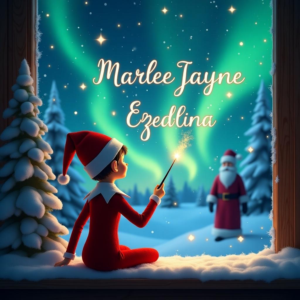 Image features an elf on the shelf looking out a window at a magical winter night sky. The elf wears a classic red outfit and holds a wand. Names 'Marlee Jayne', 'Ezedlina', and 'Ezekiel' are written among the stars. Northern lights illuminate the scene, while snow-covered trees surround the elf. A silhouette of Santa is in the distance, creating a joyful Christmas theme.