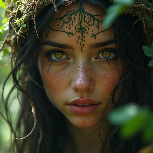 Close-up portrait of a beautiful nature spirit in a magical forest. Intricate facial patterns. Captivating golden eyes. Flowing dark hair intertwined with roots and leaves. Earthy tones and mystical atmosphere. Dramatic lighting in a fantasy style.