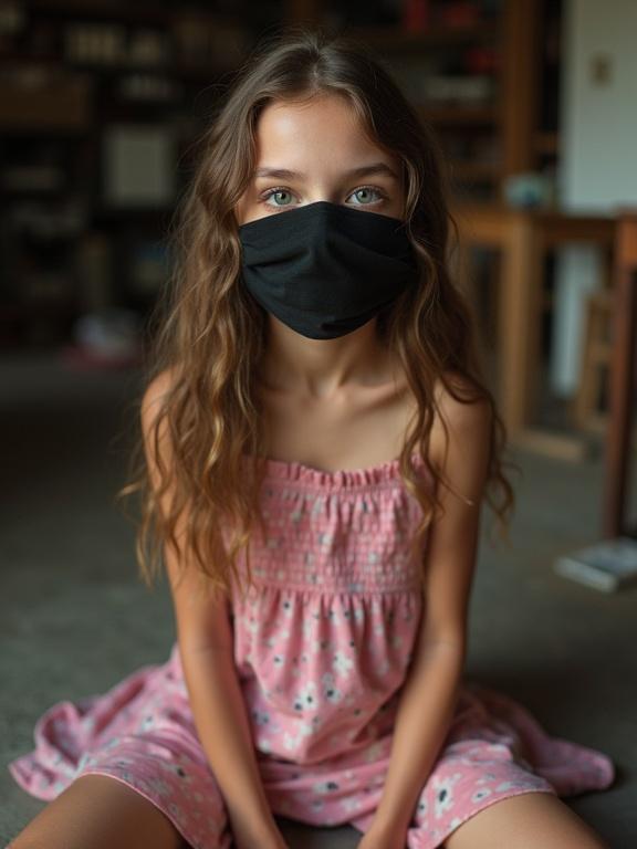 A young girl with long brown hair and green eyes wears a black mask. She is sitting on the floor in a cluttered storage room. She wears a pink floral sundress. Her arms are behind her back, and the focus is on her detailed eyes.