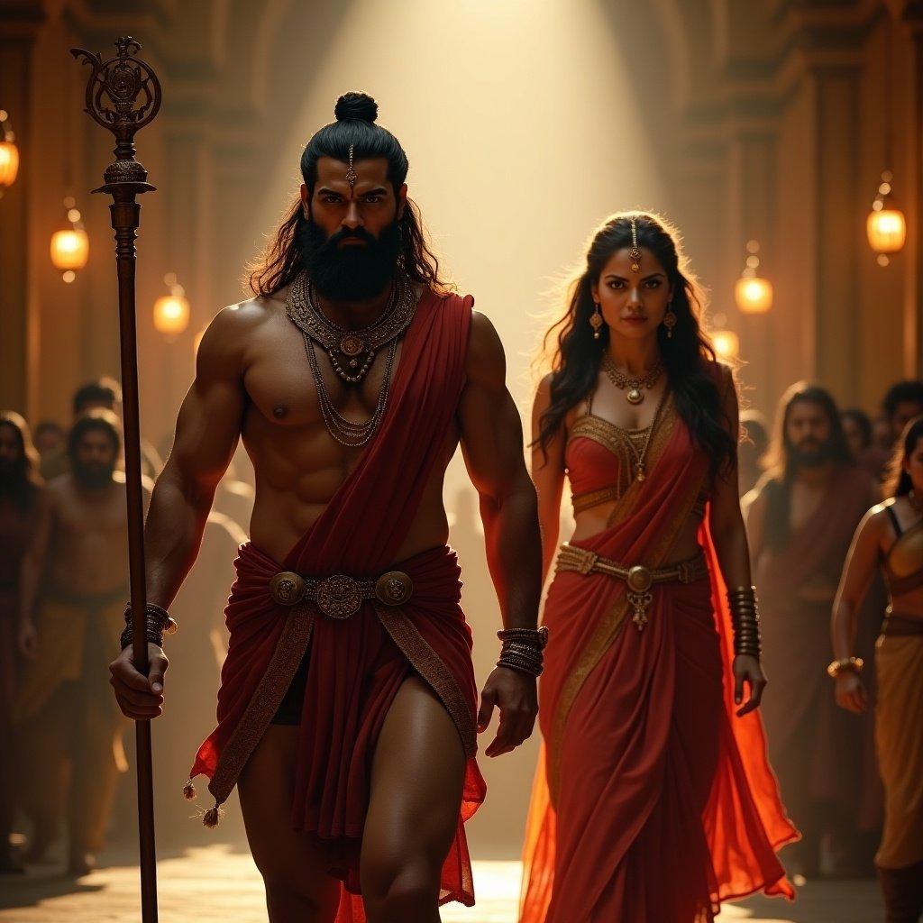 A muscular royal man in traditional Indian attire walks with his queen in a palace. The scene is dimly lit with golden glows from lanterns. The man holds a wooden staff, looking determined. The queen has a serious expression, charging forward.