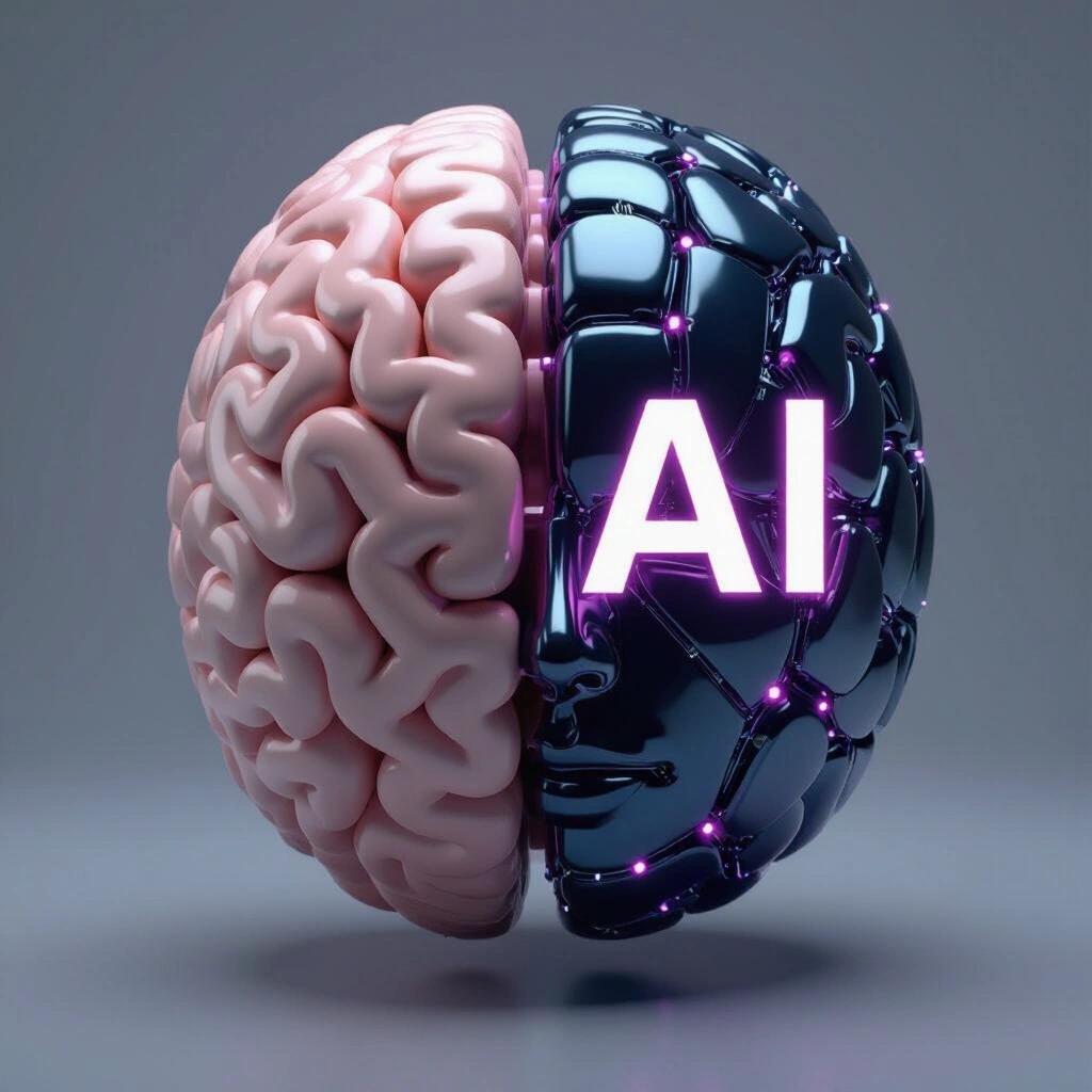 Half human brain appears organic. Half brain represents artificial intelligence. Shiny black appearance with glowing purple hue. No face or accents. Strictly a brain representation.