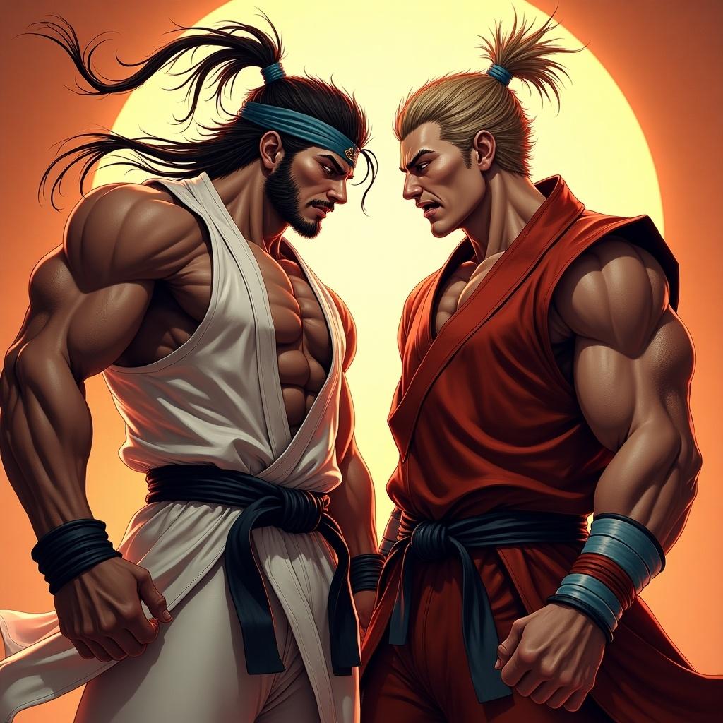 Two muscular men in martial arts outfits face each other. One wearing a white outfit and the other in red. Both have a strong pose. Bright orange background. Hair tied in traditional styles. Strong emotion of determination and unity.