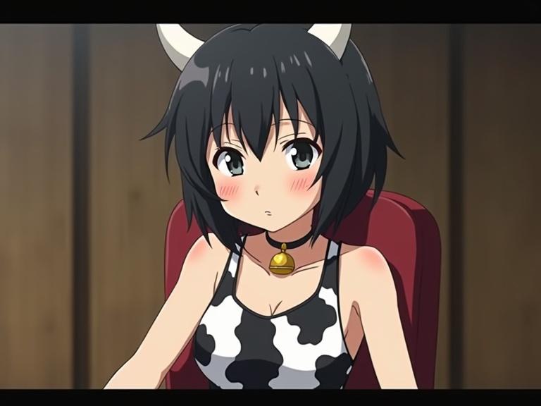 Anime screencap featuring a short black haired girl with cow horns. She wears a cow patterned tank top, a bell choker, and is seated in a chair. The angle captures her torso, showing her curious expression as she looks down.