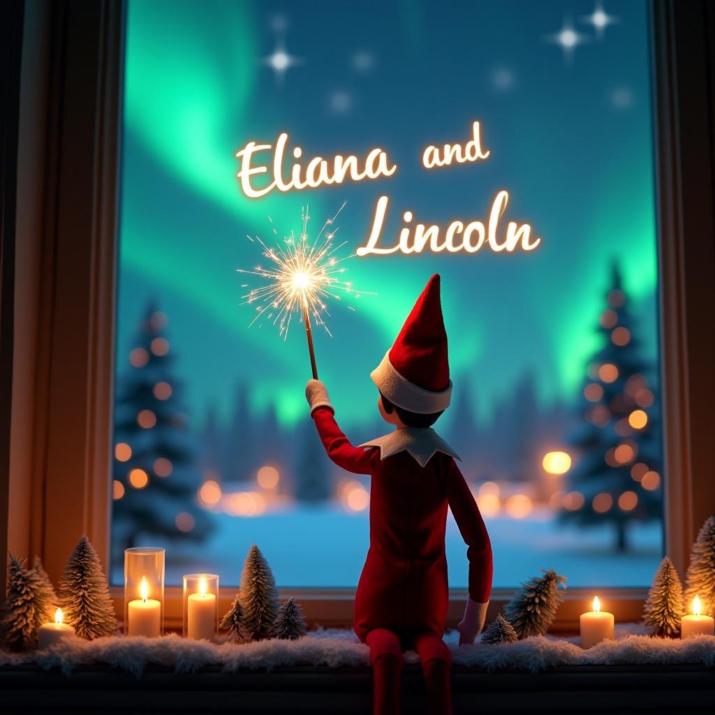 This image depicts an enchanting Christmas scene featuring an elf on the shelf. The elf, dressed in traditional red and white attire, stands facing a mesmerizing display of northern lights. In one hand, the elf holds a magic wand, writing the names 'Eliana and Lincoln' in a glowing script high above him. The backdrop includes softly lit candles and snowy trees, enhancing the festive ambiance. This whimsical moment captures the essence of Christmas, evoking feelings of joy and wonder in viewers as they enjoy the magic of the holiday season.