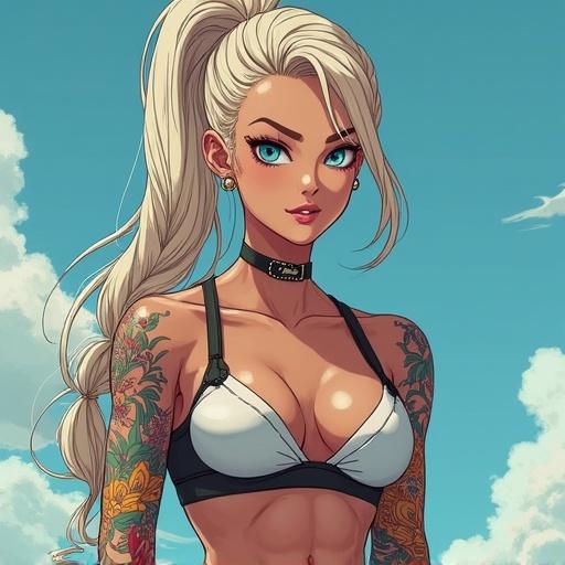 Anime character representing a 59-year-old woman. Features frost blue eyes, an oversized light blonde braided ponytail, and a modern Capoeira training outfit. The character has colorful traditional Japanese tattoos on her arms. Facial features include a focused expression and accessories like piercings. Muscular with a toned body and a confident presence in a luxurious dojo.