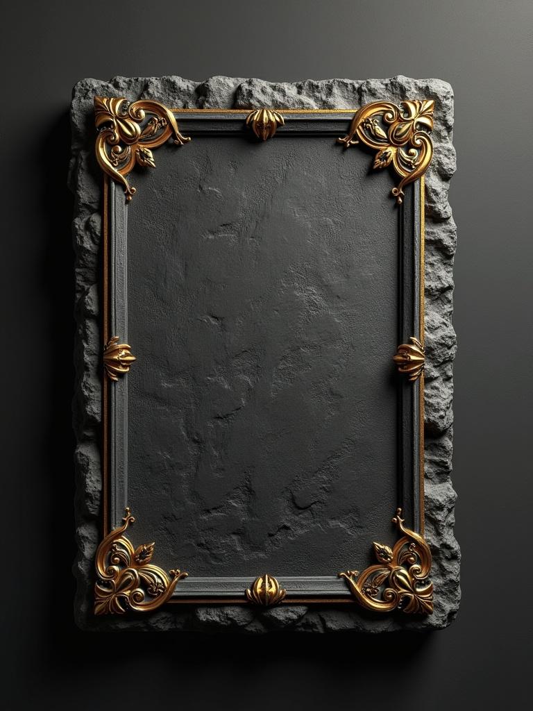 A blank stone tablet framed with an ornate golden border. The tablet is textured and designed to resemble a book page. It features a deep black color with luxurious gold accents. The background is a dark, smooth surface.