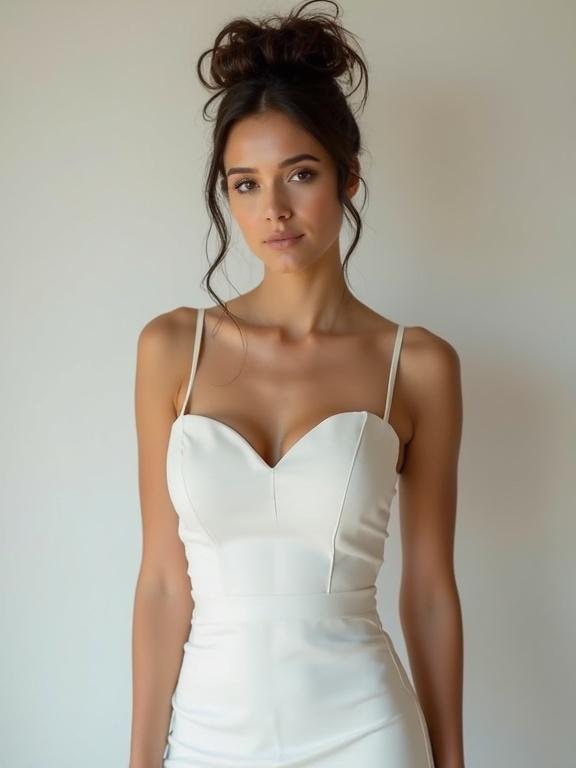 Model with an updo hairstyle, wearing a tight white dress, standing still with a sultry expression.
