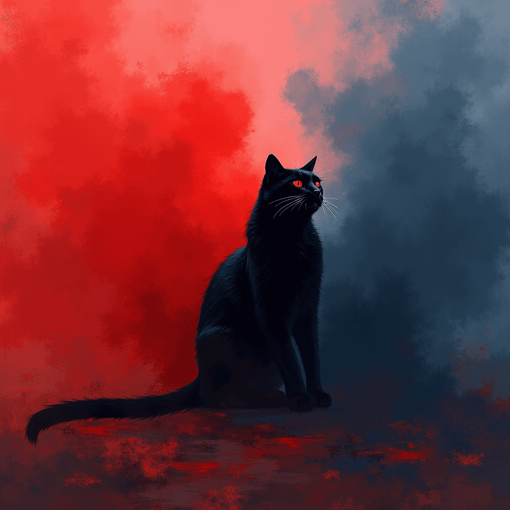 A black cat with glowing red eyes sits against a dramatic backdrop of blended red and blue hues.