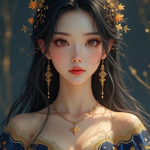 A woman with an East-Asian appearance radiates enchanting beauty. Smooth porcelain skin glows softly. Her deep rose lips are slightly parted. High cheekbones and defined jaw enhance her regal presence. Almond-shaped eyes shine with golden amber hues. Dark lashes frame her captivating gaze. Voluminous black hair with silver streaks cascades around her shoulders. Golden flowers interwoven in her hair add charm. She wears a midnight blue silk gown with gold embroidery. The low neckline elegantly exposes her collarbone. A delicate golden pendant accentuates her grace. She is beside a sunlit window with warm light creating a celestial atmosphere. Floating lotus flowers surround her, blending with the dreamlike setting. A curtain with cosmic patterns adds depth.