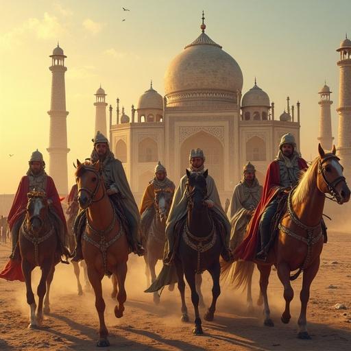 Futuristic setting depicting the Mughal Empire. Riders on horses wear traditional attire. Magnificent monument in the background, surrounded by dust and warm light. Soft, hazy atmosphere evokes a sense of grandeur and adventure.