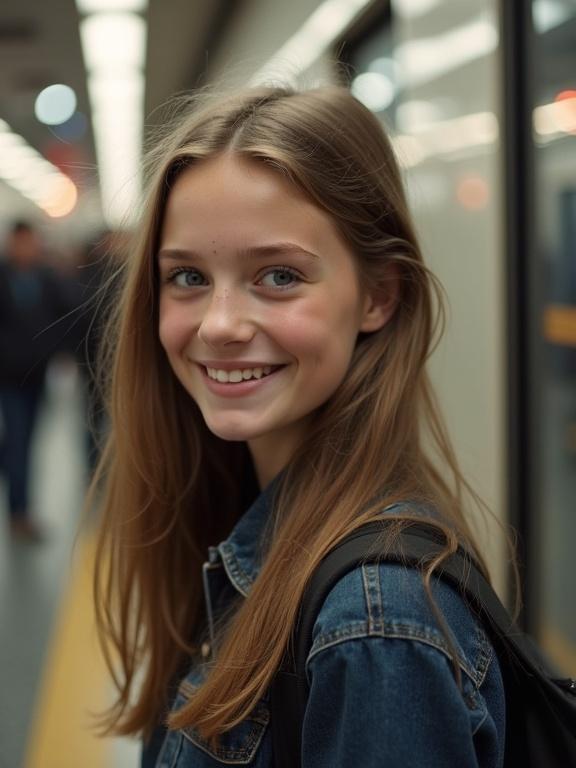 Beautiful teen girl smiling in a train station. She has a very beautiful face. Her hair is long and brown. She wears a denim jacket and carries a backpack. Urban atmosphere is in the background.
