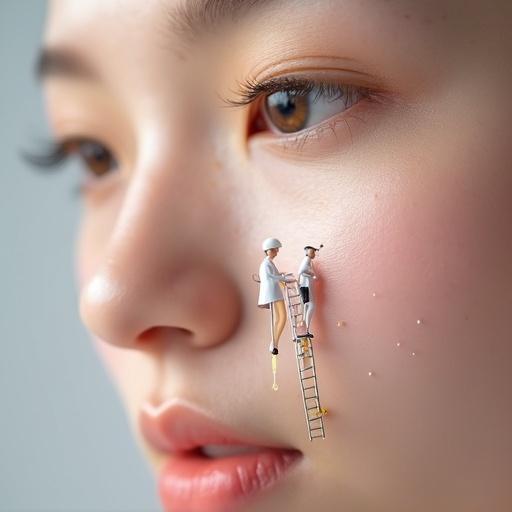 Close-up shot of a woman's cheek. Tiny figures perform skincare tasks. Workers climb ladders to manage pores. Specialists apply serum with cotton swab. Visual metaphor for detailed skincare efforts.