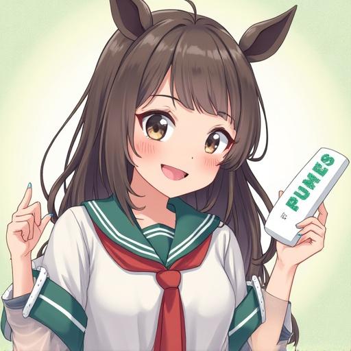 Anime character of a Japanese high school girl. She has brown hair and horse ears. She is smiling and holding a product labeled 'PLUNES'. She wears a school uniform with a collar.