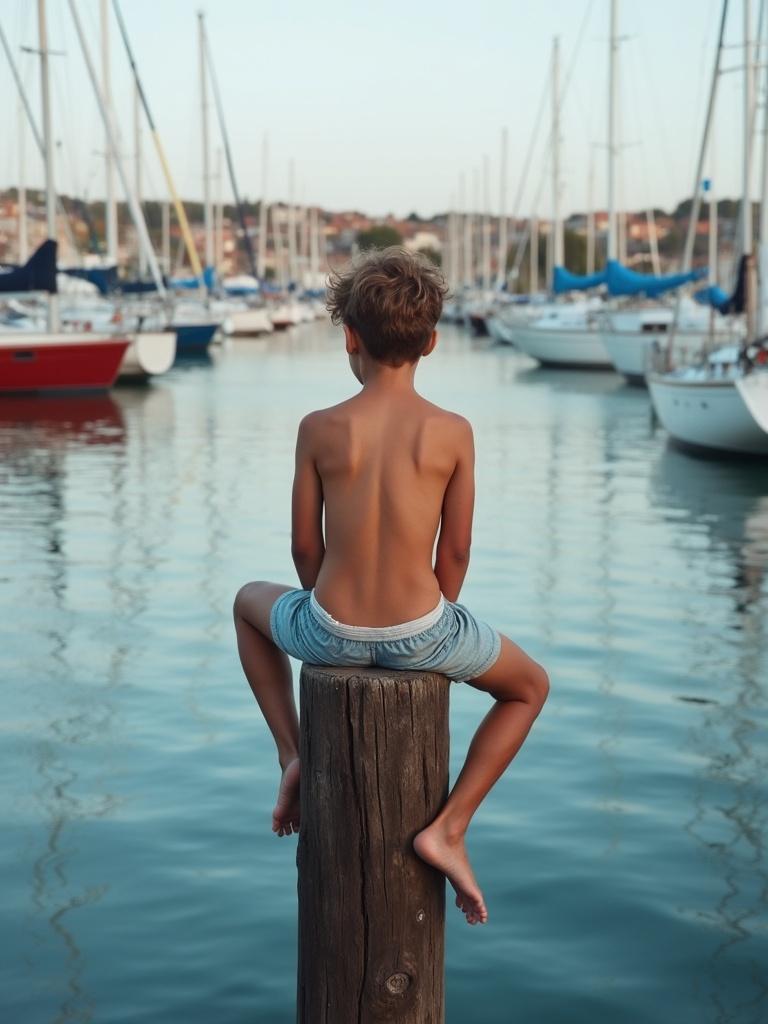 A 12 year old boy in short shorts sits on a mooring post at a harbor. He faces the camera with a view of sailboats behind him. The scene is tranquil and highlights a summer day.