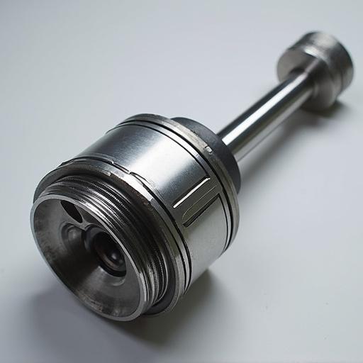 Image depicts a piston and connecting rod of a combustion engine. The assembly is shown from a close perspective. Focus on metal details and design.