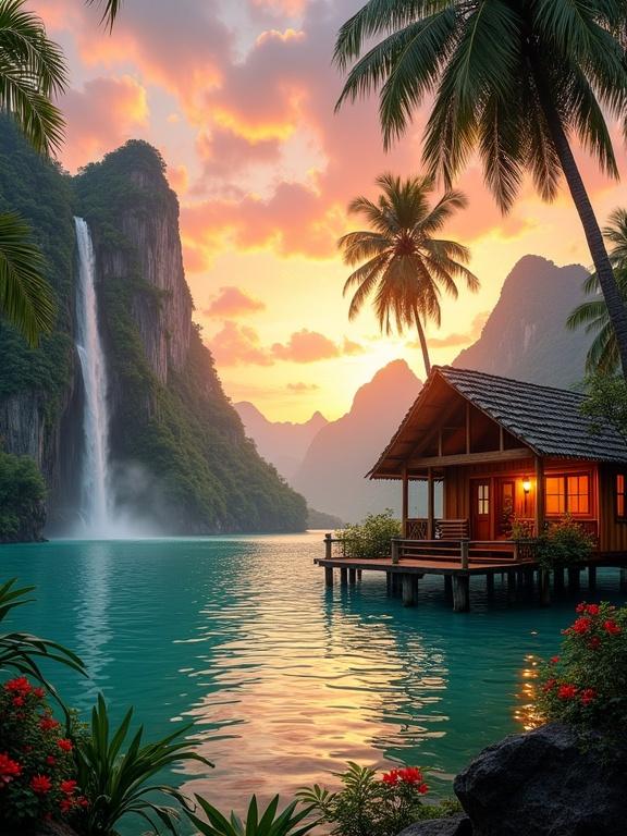 The image showcases a breathtaking tropical landscape at sunset. A serene body of water reflects warm colors of the sky. A majestic waterfall cascades down a steep cliff on the left. The sky features orange, pink, and purple hues. Tall palm trees add a tropical feel. A wooden cabin on stilts near the water emits golden light from its windows. Bright red flowers surround the cabin. The overall scene promotes tranquility and paradise.