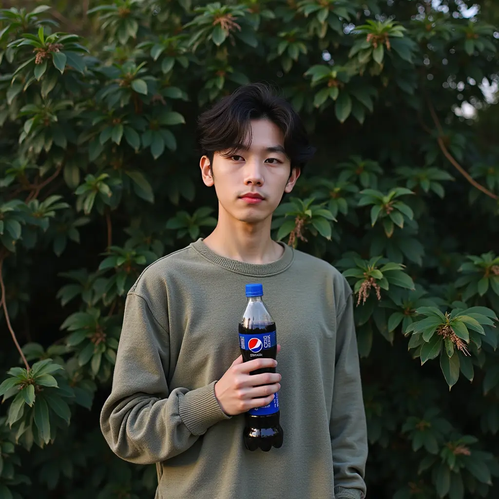 A young man in a green sweater holds a soda bottle in front of leafy bushes.