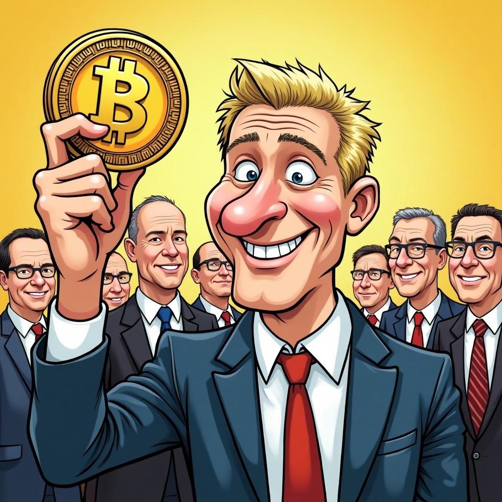 Cartoon of an individual with blond hair holding up Bitcoin to a group of politicians. The style resembles newspaper illustrations. The background shows a group of South African politicians. The character is dressed in a suit.