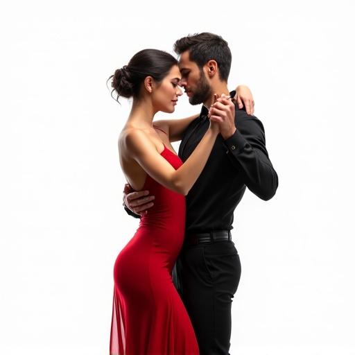 A young couple dances bachata. The woman wears a red dress. The man is in tight-fitting attire. They strike a passionate pose close together. The image features dramatic lighting and shadows. It presents full body view against a white background. It has ultra-realistic style indicating high fashion suitable for movie posters.