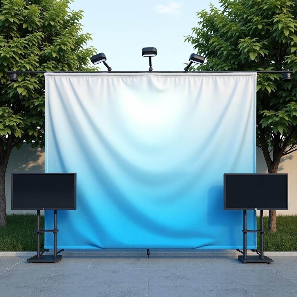 Highly realistic view of a 4-meter wide banner with a blue to white gradient. Two 50-inch screens are positioned on either side. Situated on asphalt with a garden backdrop.