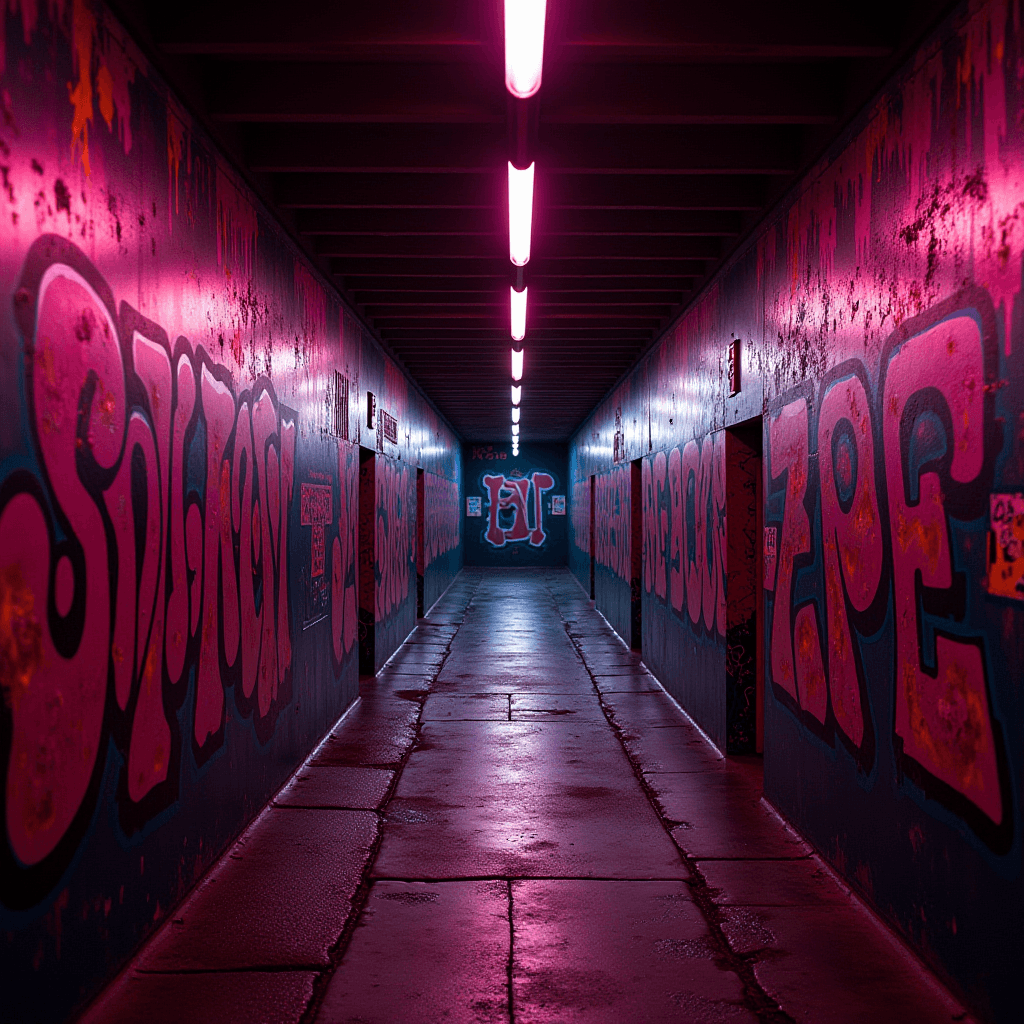 A dimly lit tunnel covered in vibrant pink graffiti illuminated by overhead pink fluorescent lights.