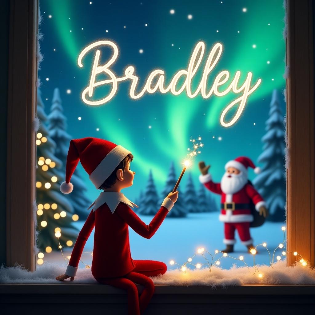 The image features an elf on the shelf sitting with its back to the viewer, facing a mesmerizing sky filled with northern lights. The elf holds a wand, using it to magically write the name 'Bradley' in the night sky. In the background, a cheerful Santa Claus waves, adding to the festive atmosphere. The scene is set in a cozy room with twinkling lights and soft snow being visible through the window, enhancing the Christmas spirit. This magical moment captures the essence of holiday wonder and childhood imagination.