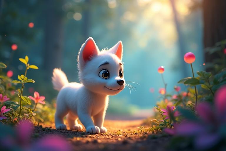 An ultra-HD 4K 3D animated scene in a magical forest clearing filled with vibrant foliage. A white puppy named Tuku stops mid-step with a concerned look as he hears a faint cry. Glowing orbs float in the background, enhancing the enchanting atmosphere.