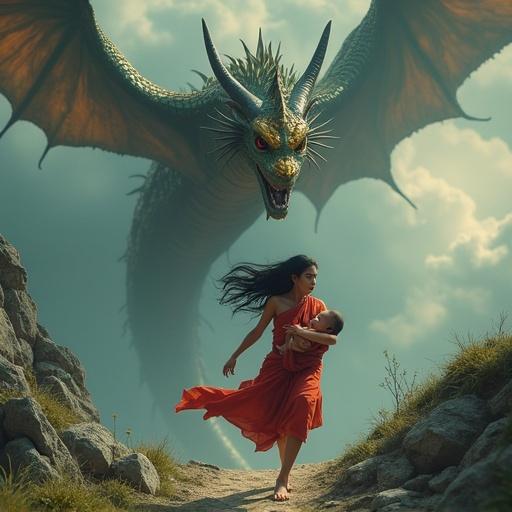 A young woman in a flowing red sari runs along a rocky mountain path. She carries a baby wrapped in deep red cloth. A massive sky serpent with iridescent scales swoops down from storm clouds. The scene features dramatic storm lighting and intense shadows.