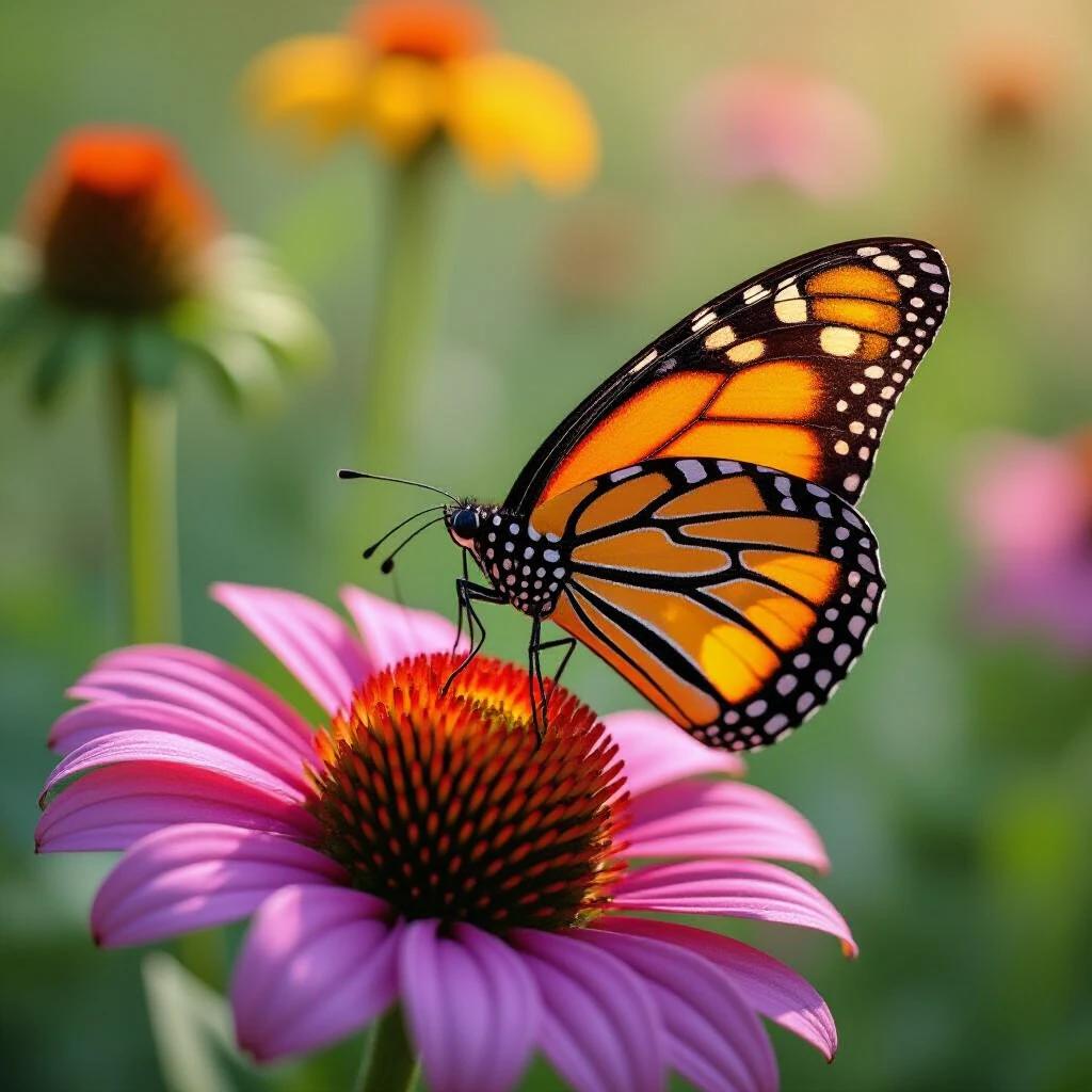 A close-up of a monarch butterfly resting on a pink Echinacea flower in a vibrant garden. The butterfly displays bright orange wings with black patterns. The background features blurred colorful flowers under soft sunlight.