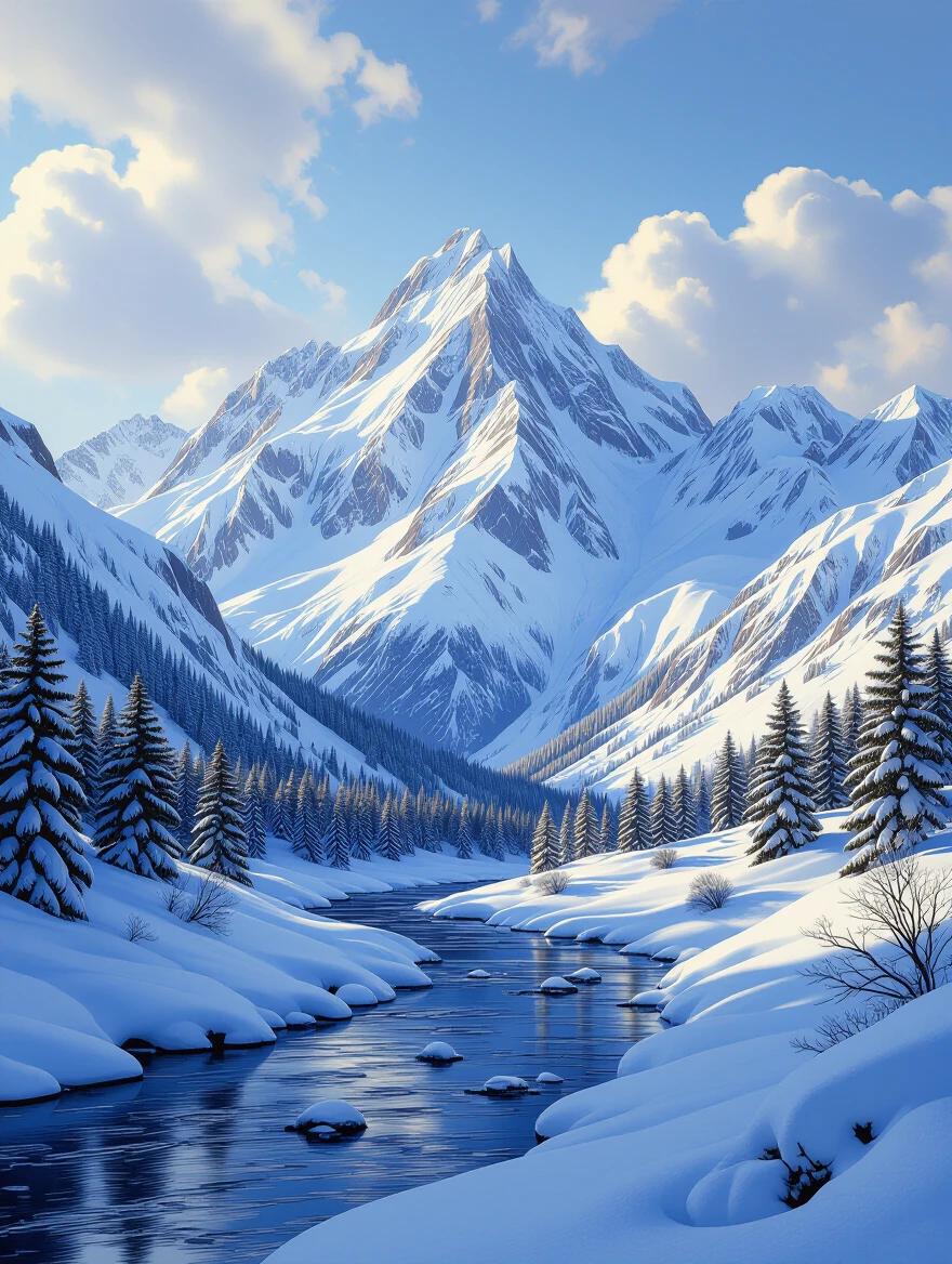 Hyper-realistic depiction of a snowy mountain resembling a kitty. Majestic peak towers above a serene river. Pine trees line the icy banks. Bright blue sky and fluffy clouds create a tranquil backdrop. Light reflects off the snow, creating a beautiful scene. Hyper-detailed art style showcases nature's beauty.