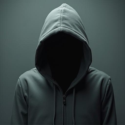 Closeup shot of a faceless figure wearing a hollow hoodie. The figure has no visible facial features and is cloaked in shadows. Hood is pulled over the head. The image focuses on the silhouette without any background distractions.