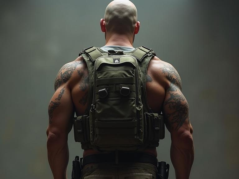 Large muscular ex special forces man stands with back to camera wearing tactical gear. Photorealistic representation of strength and fitness.