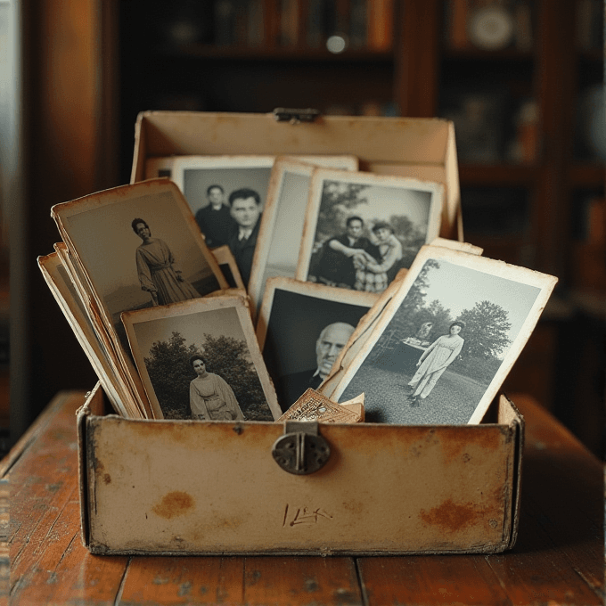 A collection of old black and white photographs in an open, vintage box.