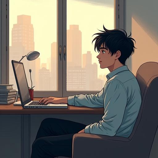 Illustration of a cute young man with black hair. Sitting behind a desk in an office setting. Leaning back comfortably while using a laptop. Detailed background includes a sofa and a window with city views.