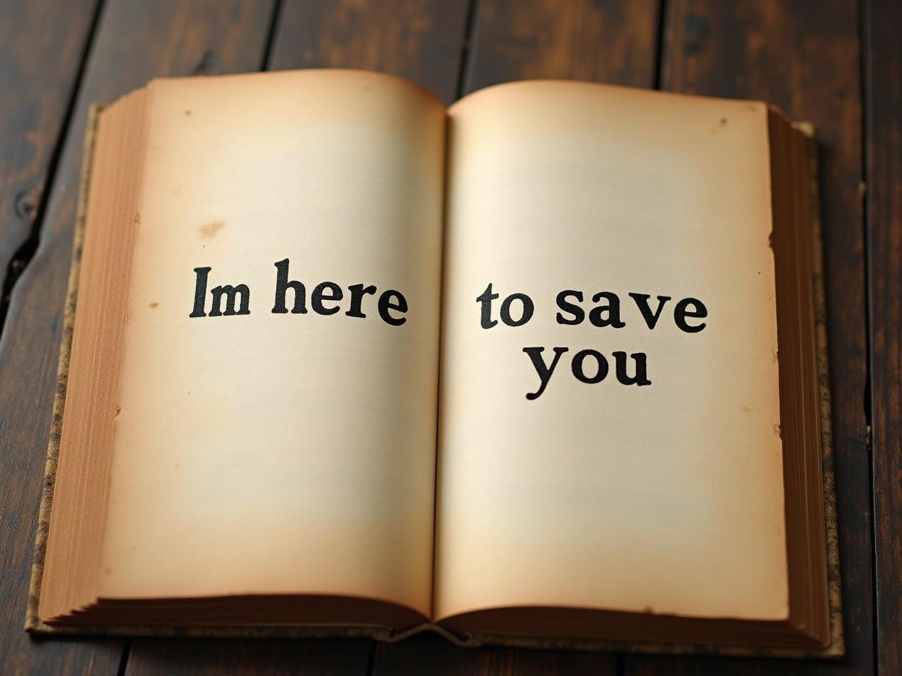 The image features an open vintage book with softly colored, aged pages. The focal point of this composition is the text 'Im here to save you' prominently displayed in bold lettering. The lighting is warm and natural, casting a gentle ambiance over the pages. The book rests on a wooden surface, enhancing its rustic aesthetic. This visual evokes a sense of nostalgia and inspiration, inviting viewers to engage with its message.