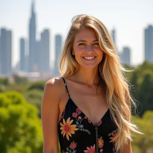 Photographic portrait of a woman with long wavy blonde hair wearing a black floral dress. The background features the Dubai skyline out of focus. The sunlight creates a warm glow on her face. The composition emphasizes the woman with a softly blurred cityscape behind her. The overall look is natural and lifelike.