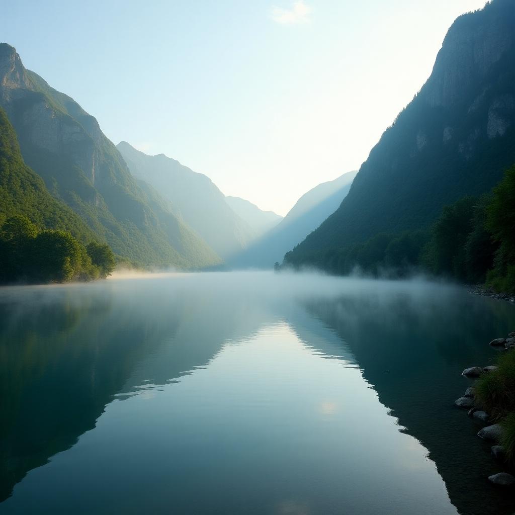 This image captures a serene morning view of a wide river surrounded by majestic mountains. The mist gently creeps along the water's surface, creating a peaceful atmosphere. Early morning light bathes the scene in soft hues of blue and green. The mountains rise dramatically on either side, reflecting beautifully in the still water. The overall composition evokes a sense of tranquility and connection with nature.