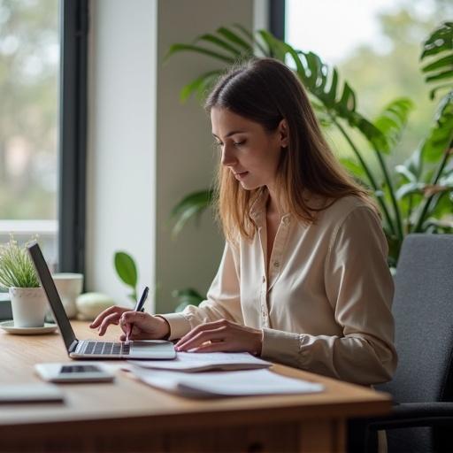 A travel consultant working in a home office environment. Green plants in the background provide a fresh atmosphere. A laptop and some papers are on a wooden desk. Light from a window brightens the space.