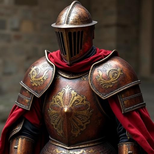 Knight wearing ornate lantern plate armor. Armor features intricate designs. Red cape drapes over shoulders. Focus on details of armor. Background is blurred stone architecture.