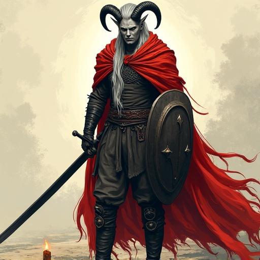 A tiefling character stands boldly. Ash-gray skin contrasts with a flowing red cloak. He has long silver hair and prominent black horns. His attire includes chainmail and leather pants. A sword rests at his side and a shield is held. The image showcases artistic shading and soft lighting within a comic-like style.