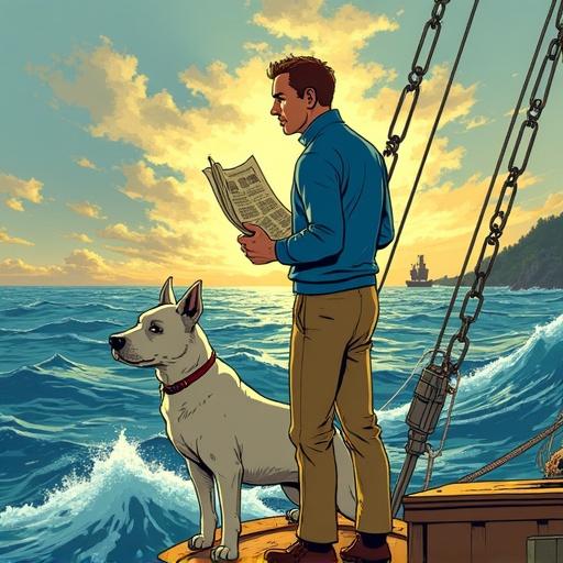 Illustration of Tintin on an ocean adventure. Tintin in a blue sweater and beige trousers. He is deep in thought while holding a map. Loyal dog Snowy is beside him. Waves crash around them. Partly cloudy sky with a golden sunset. A shadowy figure or island can be seen in the distance. Captures suspense and curiosity in a comic style.