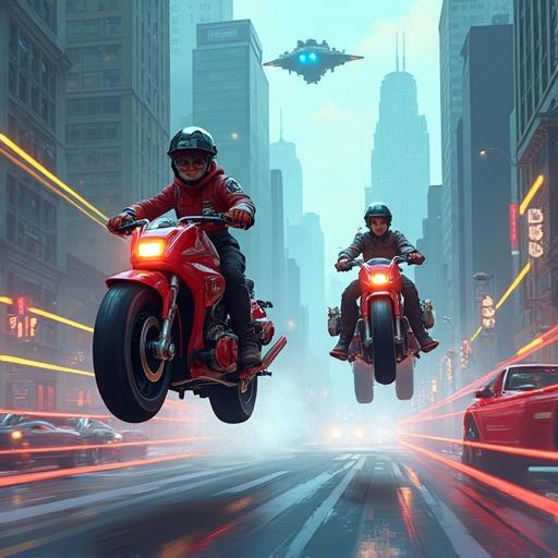 Futuristic cyberpunk city scene with characters riding large hoverbikes. Riders race through an urban environment while evading traffic. A police hover-cruiser pursues them aggressively. Buildings are tall and imposing, while neon lights illuminate the scene.