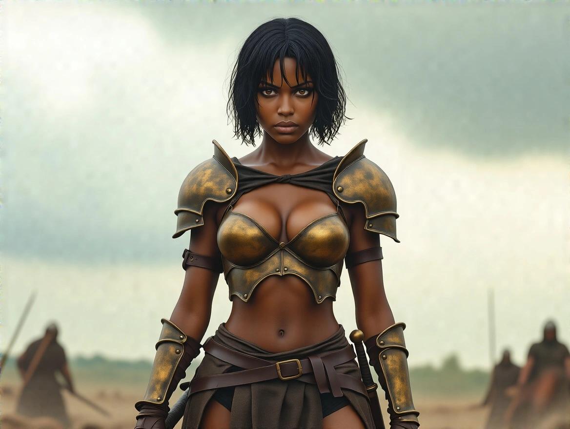 Hyper-realistic portrait of a dark-skinned female warrior. She wears revealing medieval armor. Features soft feminine attributes. Worn bronze and leather armor contours the body. Open at shoulders and midriff. Short, tousled black hair. Fierce brown eyes with a serious expression. Standing on a battlefield with a cloudy sky. Holds a sword. Subtle dirt and battle wear. Ultra-realistic style.