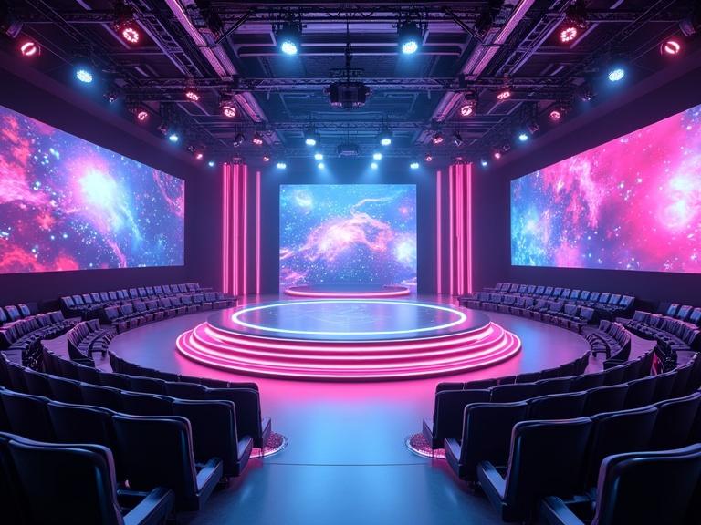 Photorealistic futuristic entertainment show studio from 2100. Large space with elevated center stage and curved audience seating. Tech-style chairs with LED lighting. Vibrant colors include neon violet, electric blue, dark magenta, soft black, chrome silver. Large LED walls showing entertainment visuals. Reflective floor with light tracks. Robotic spotlights, drone cameras, animated panels on ceiling. Includes glowing consoles and hidden speakers. No cartoon or CGI elements.