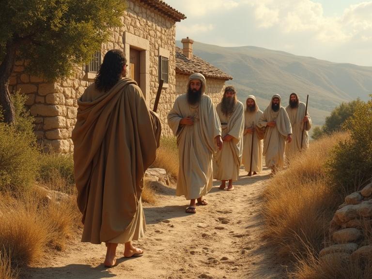 Create a photorealistic image depicting seven men approaching Virgin Mary's house. Two middle-aged Jewish relatives wear superior quality tunics and cloaks. Five younger disciples dress in white robes. All characters have beards, traditional first-century Jewish features, and carry travel bundles and walking staffs. They appear dusty from their journey. The scene unfolds on a Mediterranean hillside path leading to a stone dwelling. The warm afternoon light enhances the group arrival scenario. The composition emphasizes photorealism with high-quality details.