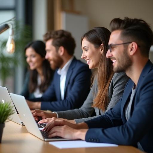 Group of young business professionals working together using laptops in an office setting. They display happiness and professionalism. Each person has a distinct outfit and appearance. The scene captures a collaborative work environment with natural light.